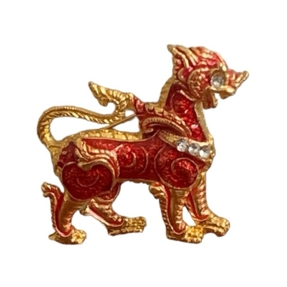 VNTG Singha Lion Rhinestones Brooch Gold Tone Foo Dog Pin Brooch Costume Jewelry - Picture 2 of 3